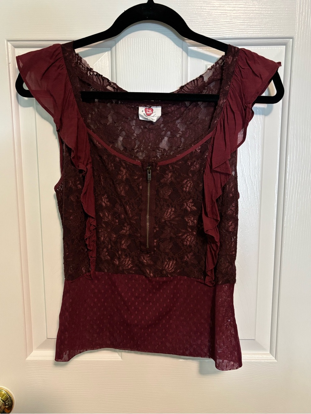 Free People Burgundy Lace Ruffle Sleeve Zip-Front Top